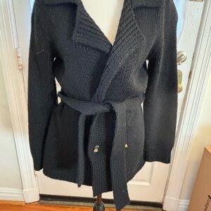 Tory Burch Black Ribbed Cashmere Cardigan Sweater